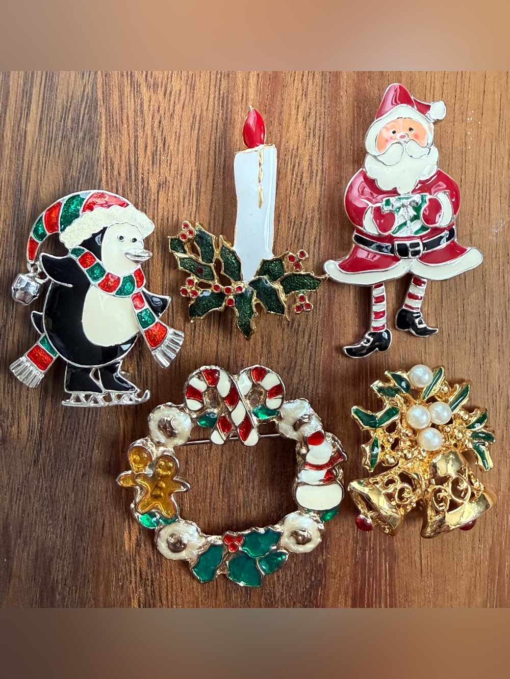 Lot of 5 VTG Holiday Brooch Pin Set Santa Bell Christmas Penguin Wreath Candle